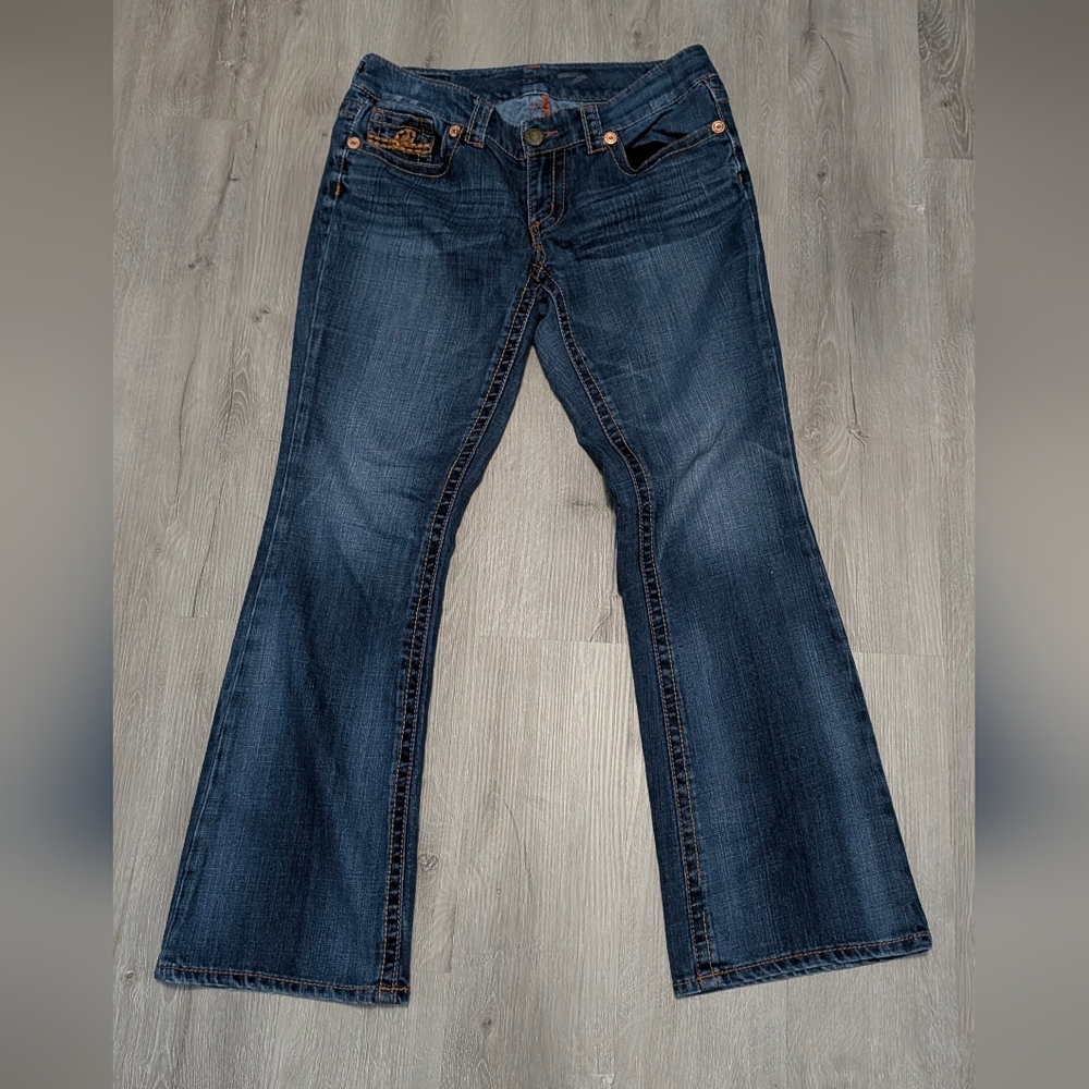 Seven7 Women's Boot Cut Jeans - Blue with Gold Stitching